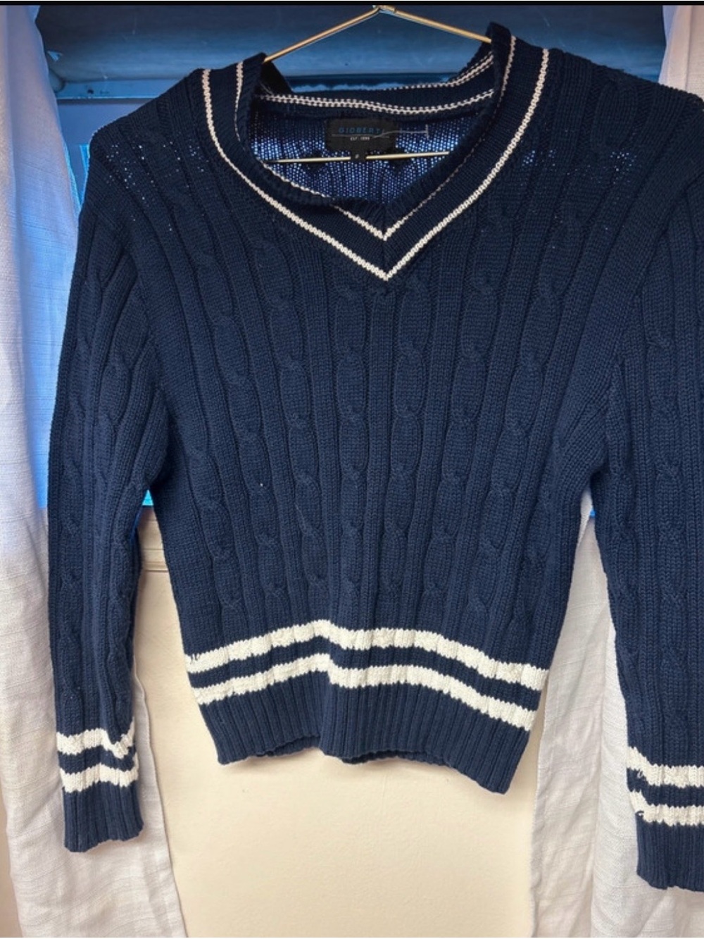 Gioberti Navy V-Neck Cable Knit Sweater with White Stripes